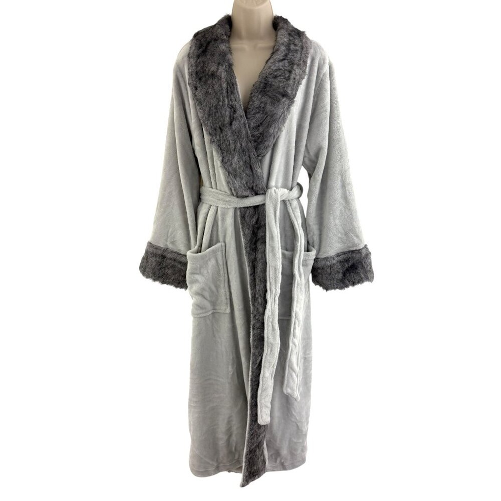 Soma Gray New Luxe Plush Faux Fur Long Robe w/Tie Pockets Size L/XL Cozy Lounge